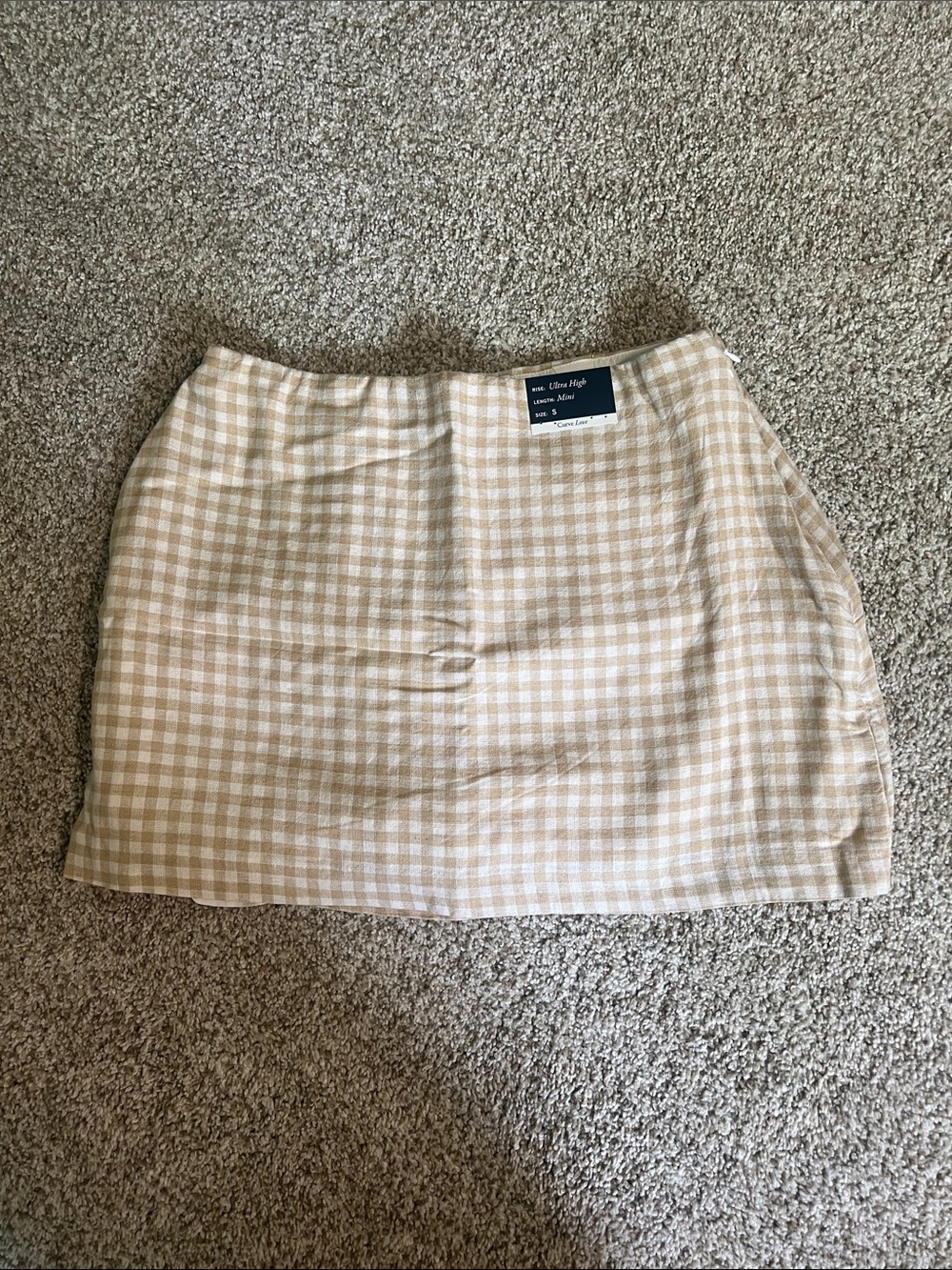 High-Rise Beige Gingham Linen-Blend Mini Skort